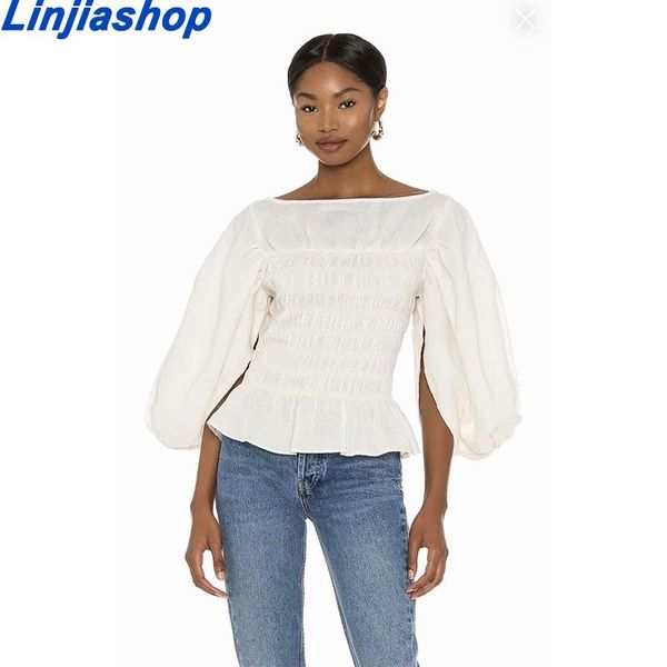 

women's blouses & shirts summer women blouse ramie pleat neckline split lantern sleeves full body elastic shirt vintage high streetwear, White