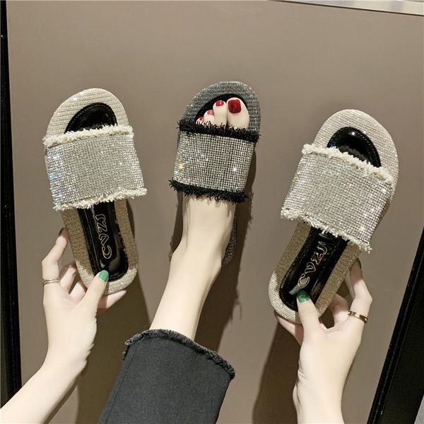 

wear han edition with a female word procrastinates fashion sequins antiskid slippers 2021 summer cool, Black