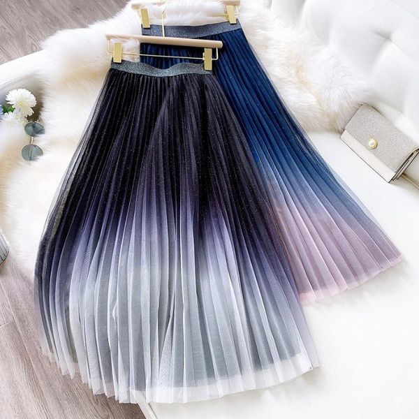 

starry sky gradient tulle skirt long pleated a line skirts womens 2021 spring and summer arrival, Black