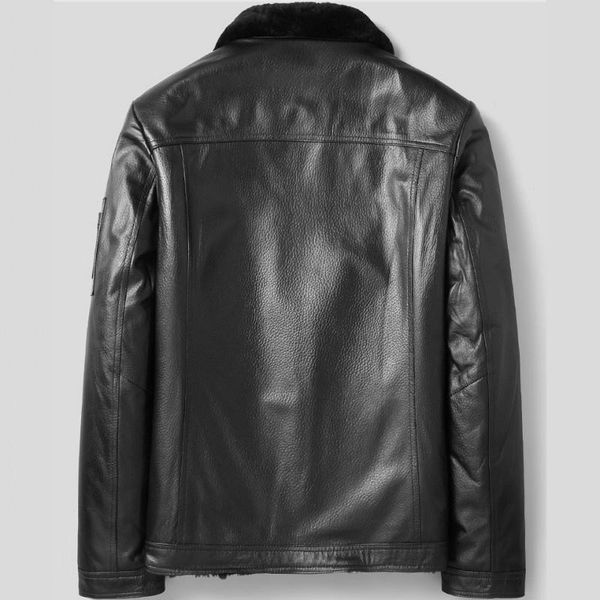 

men's leather & faux sheepskin winter real jacket men business wool turn-down collar casual coat thick warm slim long sleeve outerwear, Black