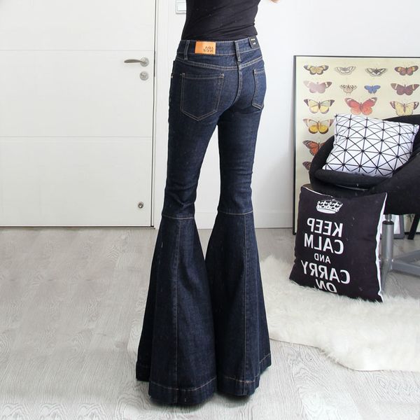 

women's jeans fashions mid-waisted denim pants of the vintage big enlargement female wide leg long brim thin bell lower jeans more size, Blue