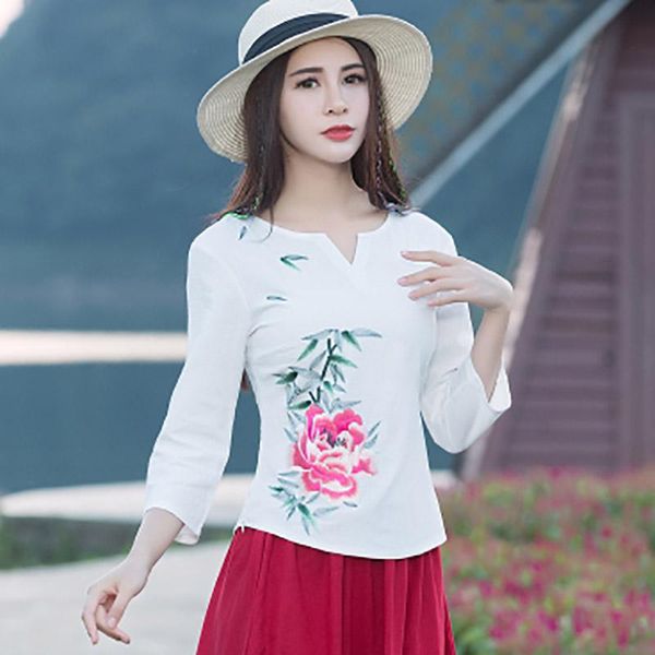 

women's blouses & shirts embroidery chinese long sleeve blouse harajuku plus size blusa feminina summer blusas shirt womens camisa, White