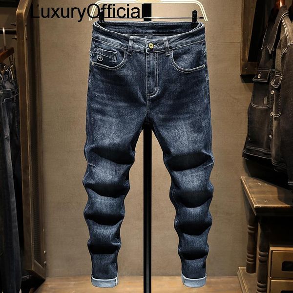 

men's jeans autumn fashion brand washed slim fit versatile elastic leggings small straight pants, Blue