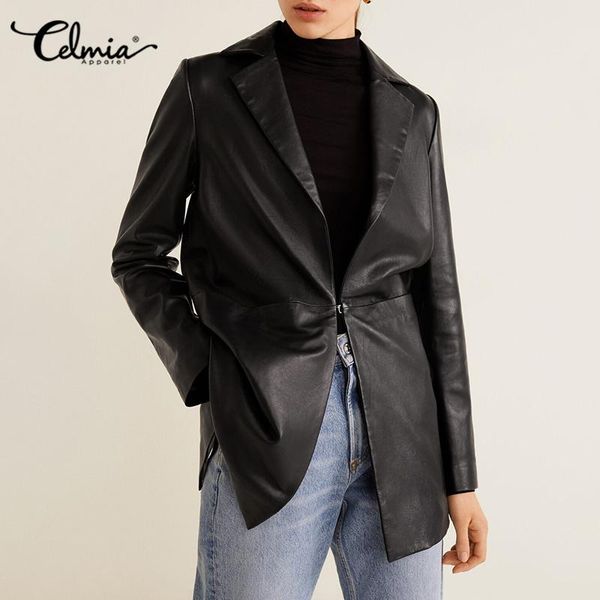 Celmia 2021 Herbst Frauen Langarm Blazer Mode PU Leder Jacken Casual Taschen Solide Business Anzug Oberbekleidung Plus Größe frauen Anzüge