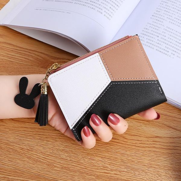 

zipper hasp short women's wallet 2021 patchwork small purse tassel thin female leather fashion woman card holder wallets1, Red;black