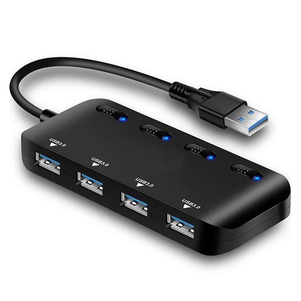 

hubs powered usb 3.0 hub splitter 4 port data cable with one smart charging adapter individual on/off blue led indicator switches