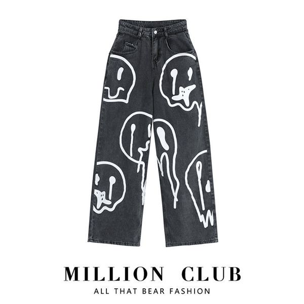 

graffiti printed jeans men and women spring autumn couple models lazy loose wide leg pants ins net red trend 210629, Blue