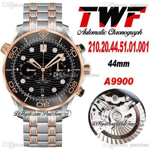 Twf Diver 300m A9900 AL9900 AUTOM AUTOMÁTICO Cronógrafo Mens Assista Dois Tom Rosa Gold Cerâmica Bezel Negro Onda Textura Dial Pulseira De Aço Inoxidável Super Edição Puretime 04D4