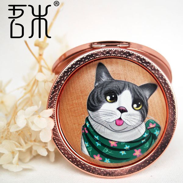 

mirrors household small commodity wooden creative printing double side folding round mini portable metal cosmetic