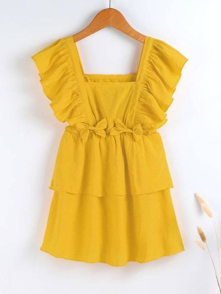 

toddler girls bow ruffle trim square neck layer hem dress she, Red;yellow