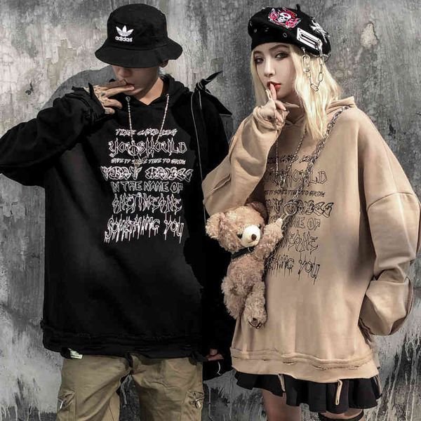 

guochao metal necklace adorned hooded sweater men's gaojiechao girls' perforated woolen brimmed hoodie, Black