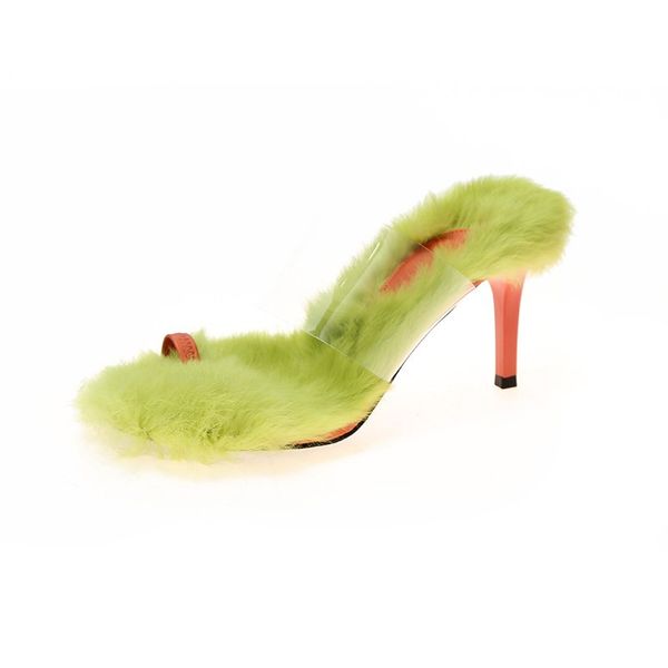

womens summer shoes furry fur sandals 2021 high heels transparent fashion slippers slip on slides female sandals casual, Black