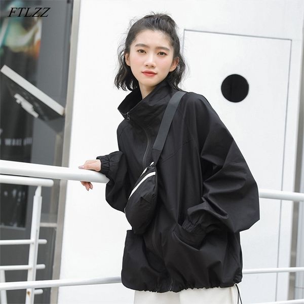 

spring autumn women streetwear loose black trench coat casual female solid color stand collar zipper windbreaker 210430, Tan;black
