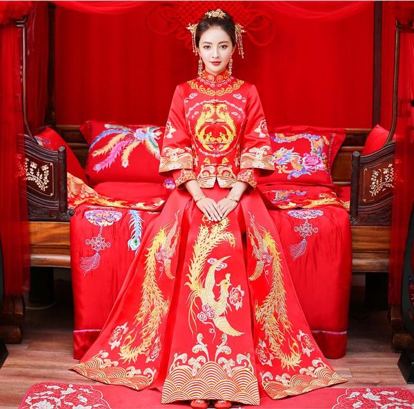 

bride wedding dress traditional chinese style costume phoenix cheongsam embroidery clothing luxury ancient royal red qipao gown ethnic