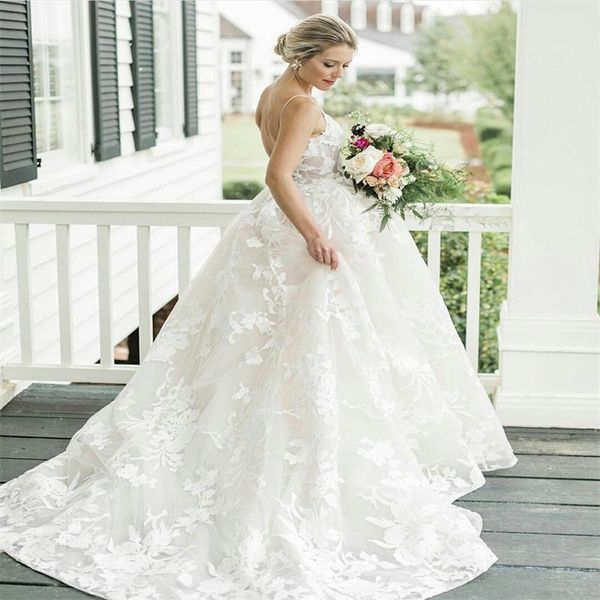 

spaghetti lace a line wedding dresses appliqued sweep train backless sweetheart boho tulle plus size bridal gowns vestidos de novia, White