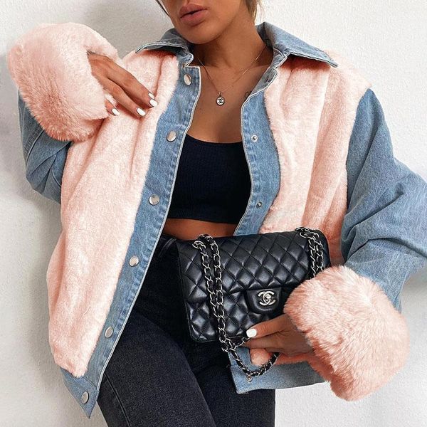 

women's wool & blends winter faux fur coat women casual white warm soft single breasted denim jacket plush overcoat pocket teddy female, Black