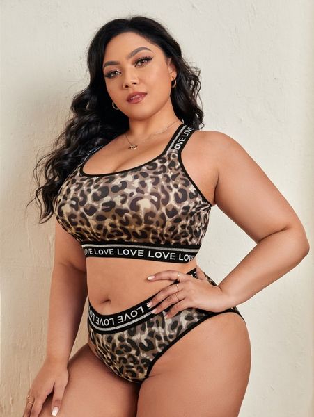 

plus leopard letter tape lingerie set d8gs#, Black;white