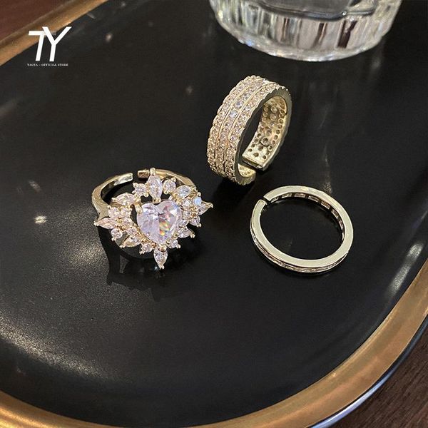 

cluster rings 2021 exquisite shiny zircon heart opening for woman fashion korean jewelry party girl's luxurious unusual set, Golden;silver
