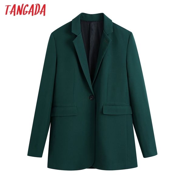 Tangada Frauen Büro Tragen Einzigen Taste Grün Blazer Mantel Vintage Langarm Zurück Vents Weibliche Oberbekleidung Chic Veste BE413 211006