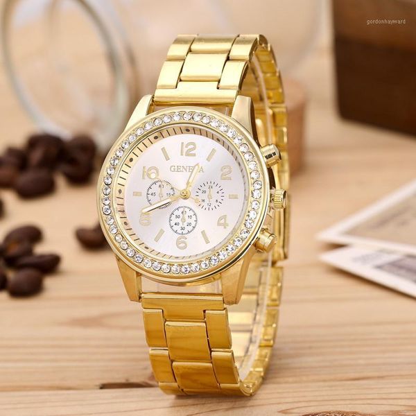 

wristwatches 2021 luxury geneva brand women gold stainless steel quartz watch crystal casual wrist watches relogio feminino, Slivery;brown