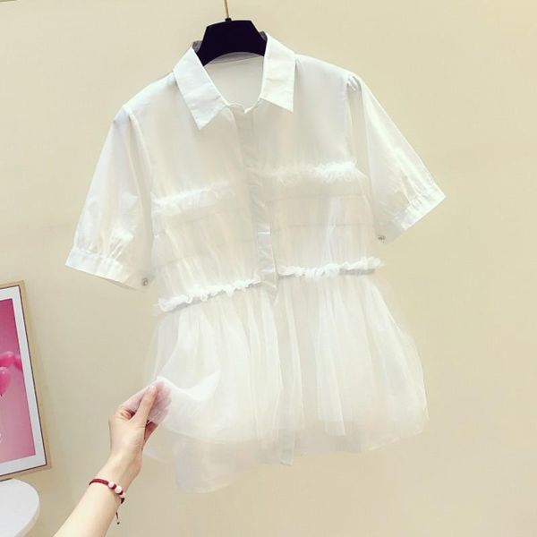 

women's blouses & shirts mesh patchwork solid women 2021 short-sleeved loose a-line high waist office lady elegant outwear coat, White
