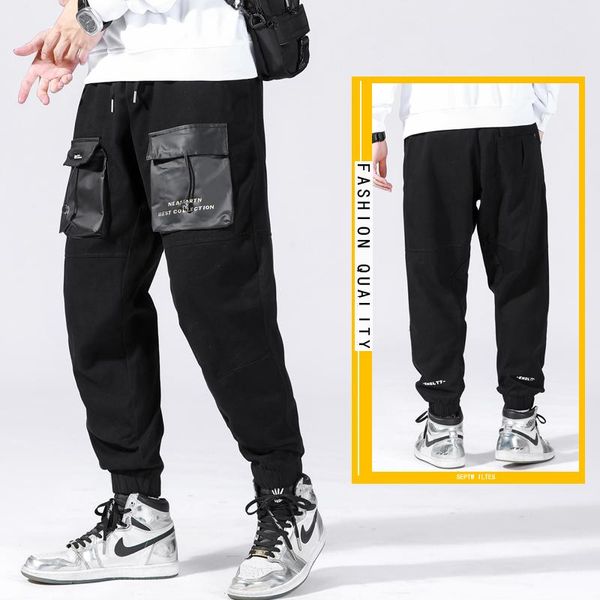 

men's pants cargo men trousers casual joggers street cropped, Black