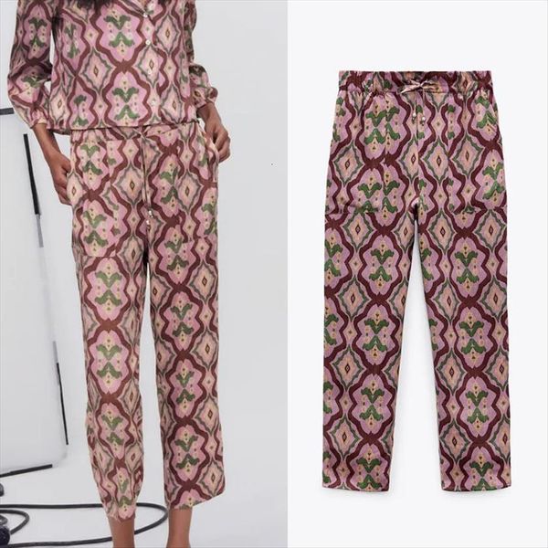 

za purple high waist trousers women capris summer vintage print elastic streetwear casual loose, Black;white