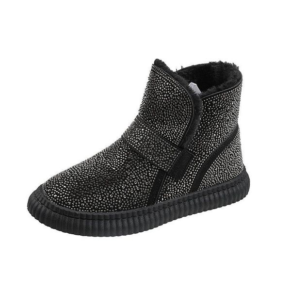 

boots rhinestone keep warm snow women fashion round toe flat ankle winter short plush shoes zapatillas mujer, Black