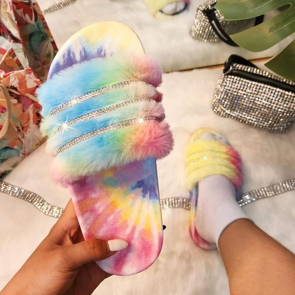 

slippers multicolor rhinestone stripes faux fur slides fluffy women furry sandals candy colors dames schoenen claquette femme, Black
