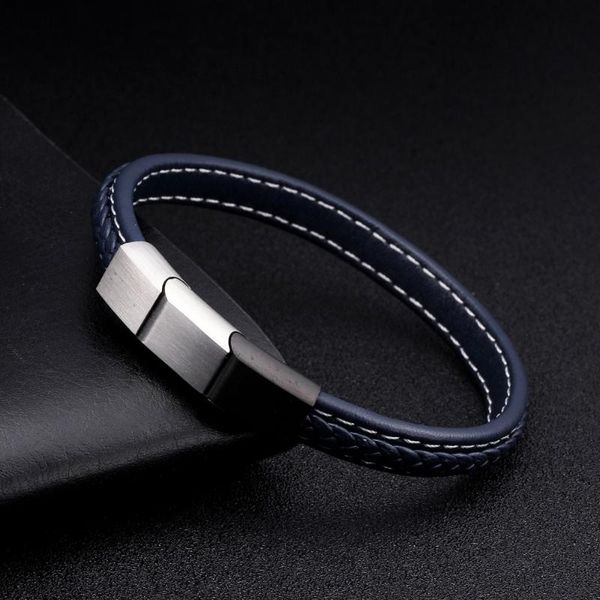 

charm bracelets so cool braided chain link men women blue genuine leather wristband bangles male sporty cuff, Golden;silver