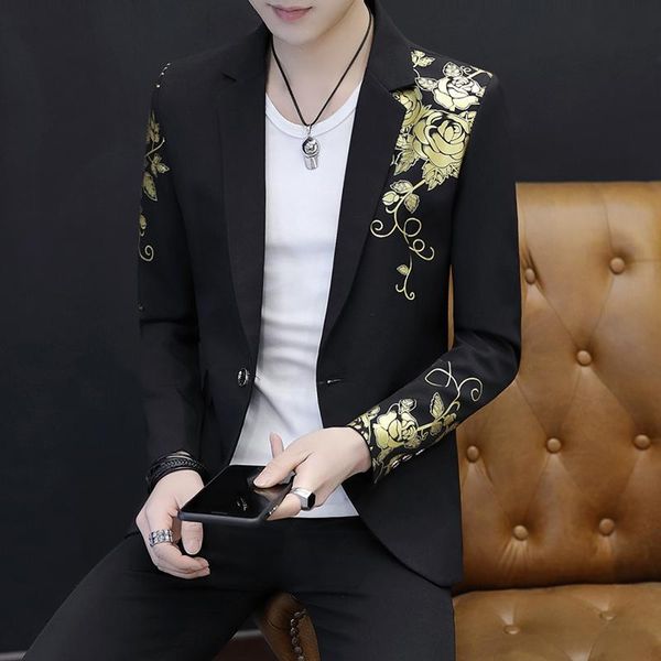 

men's suits & blazers gold flower print one button blazer jacket men 2021 brand party wedding festival stylish slim suit costume homme, White;black