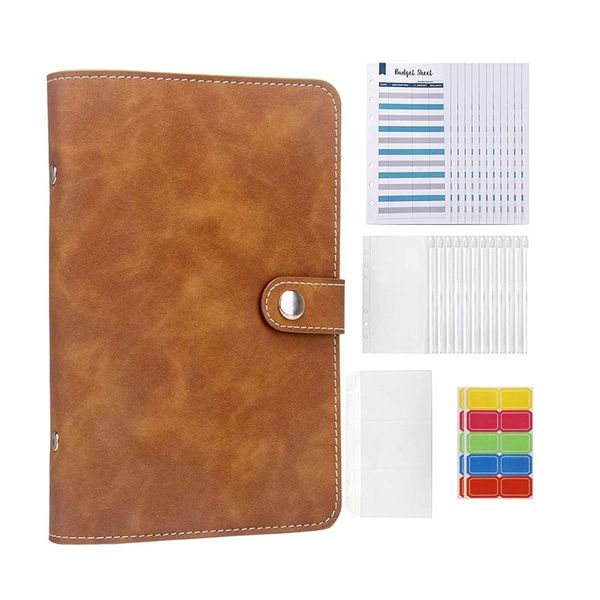 

gift wrap 28pcs a6 pu leather notebook binder set, 6 ring budget binders, with zipper bags, cover organizer for budgeting