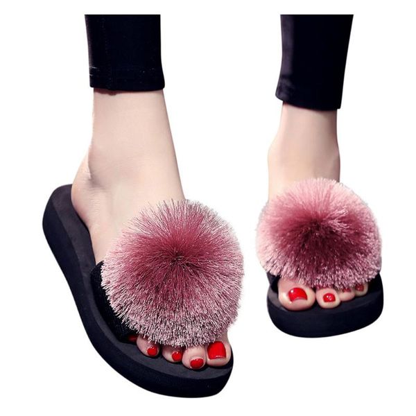 

women shoes summer beach breathable hair ball home slippers flip-flops eva wedges slides 3cm, Black