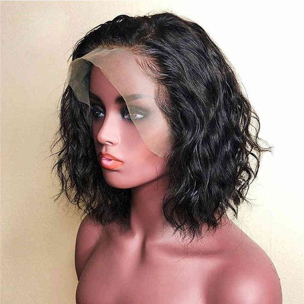

9a pre plucked front human with baby hair water wave brazilian virgin short bob full lace wigs for black women, Black;brown