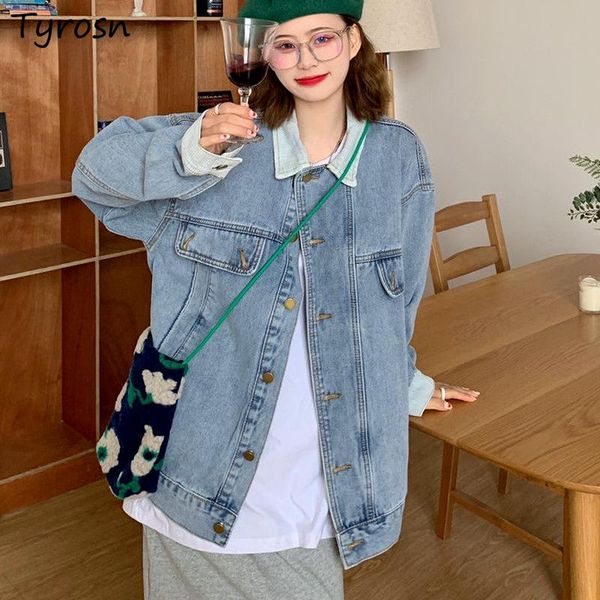 

women's jackets denim women patchwork turn-down collar single breasted outwear fashion oversize leisure vintage streetwear, Black;brown