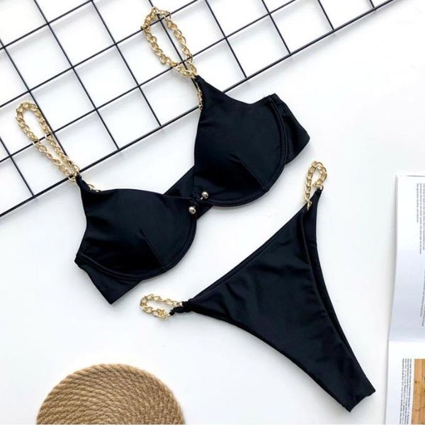 

black bikini swimsuit for women summer beach underwire push up padded swimwear gold metal spaghetti straps set women's, White;black
