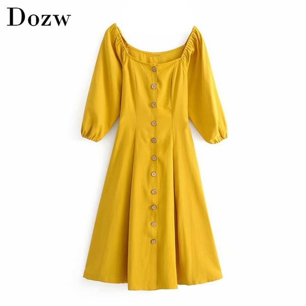 

elegant casual solid midi dress women a line three quarter sleeve button es chic square collar sashes long vestidos 210515, Black;gray