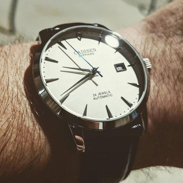 

wristwatches cadisen automatic mechanical mens watches miyota 9015 wristwatch real diamond watch clocks relogio masculino, Slivery;brown