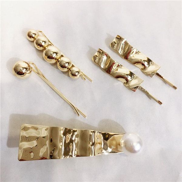 

other 2pcs imitation pearl women hair clip bobby hairpins gold color metal ball irregular geometric hairwear accessories, Golden;white