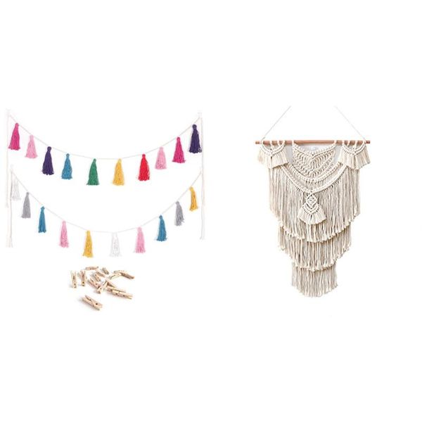 

tapestries 2set colorful nursery garland pastel banner baby party backdrop decorative with macrame wall hanging tapestry