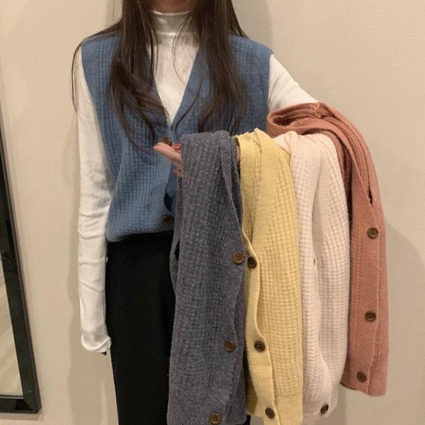 

women's vests knitted vest jacket autumn and winter versatile v-neck loose ins super fire lazy sweater sleeveless cardigan, Black;white