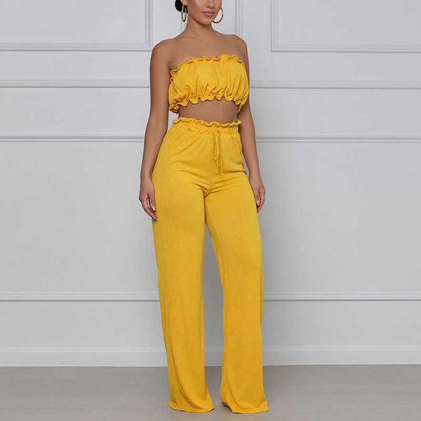 

two piece casual chic suits tube & high waist loose pants set 210702, White