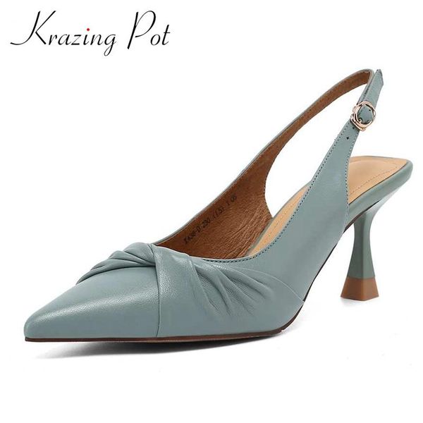 

krazing pot princess style full grain leather pleated butterfly-knot pointed toe thin high heel buckle straps gorgeous pumps l38 dress shoes, Black