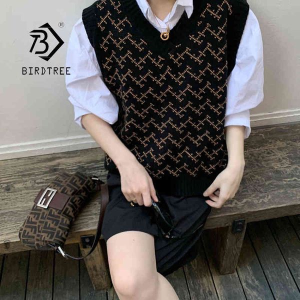 

fashion women knitted vest pullovers v neck sleeveless jacuard knitted jumper pullovers korean loose sweater vest spring t12701x 210419, White;black