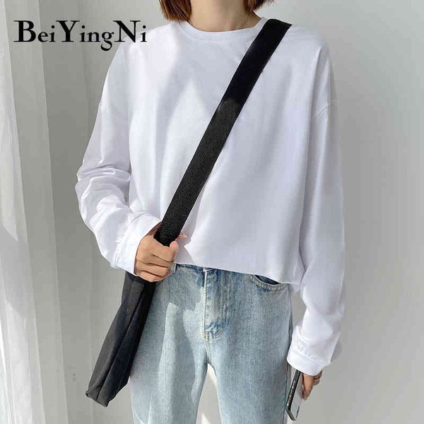

beiyingni harajuku female oversized t shirt korean vintage solid color long sleeve t-shirt women plain tee shirts clothes 210416, White