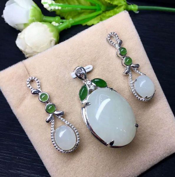 

bracelet, earrings & necklace hetian baiyu silver inlay set egg shaped three-piece h26#, Black