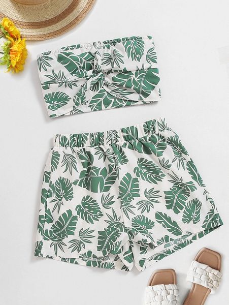 

tropical print twist front shirred back crop tube & shorts r8na#, White