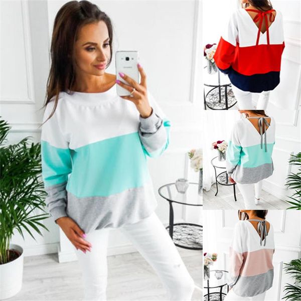 

women's t-shirt fall color round neck long sleeve loose casual bow patchwork o-neck women tshirt harajuku clothing, White