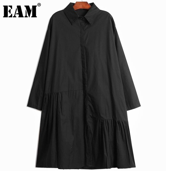 

[eam] women black big size asymmetrical pleated shirt dress lapel long sleeve loose fit fashion spring summer 1dd8192 21512, Black;gray