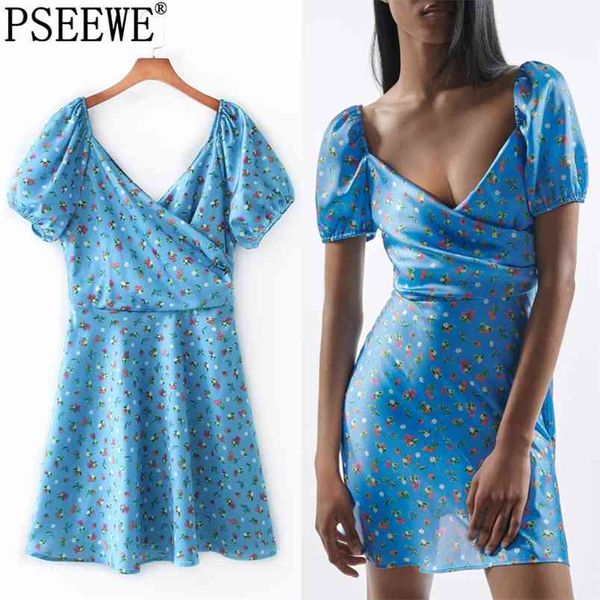 

floral mini dress woman blue wrap short women puff sleeve summer es cottagecore casual es 210519, Black;gray